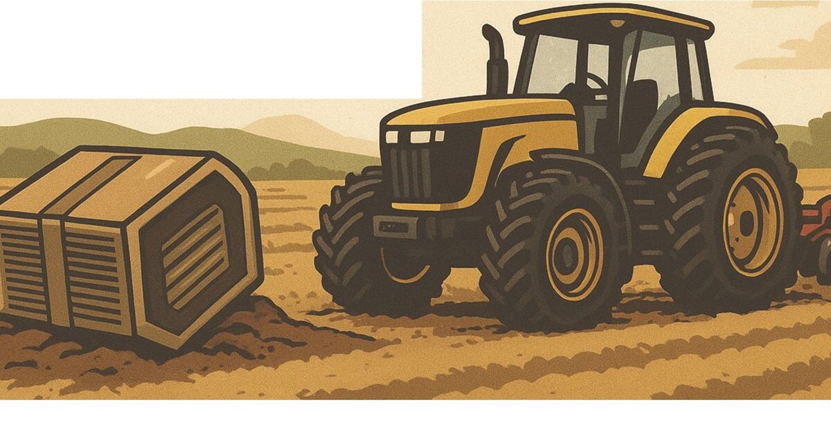 Illustration of a tractor pulling a disc harrow across a plowed field beside a large crate of equipment parts