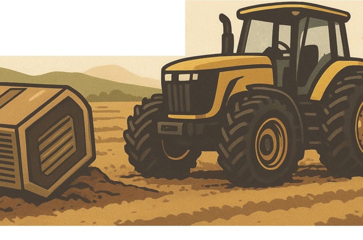 Illustration of a tractor pulling a disc harrow across a plowed field beside a large crate of equipment parts
