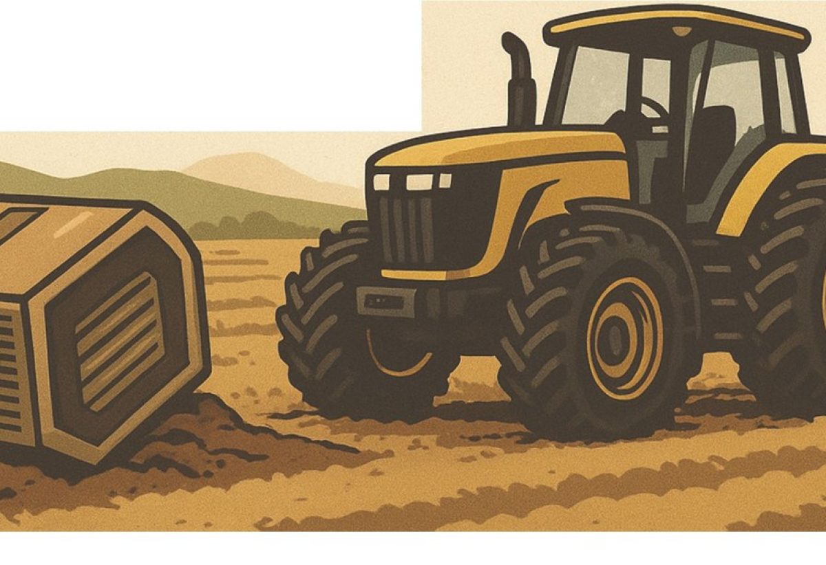 Illustration of a tractor pulling a disc harrow across a plowed field beside a large crate of equipment parts