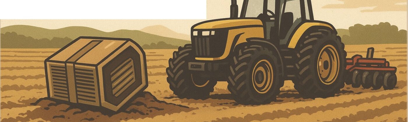 Illustration of a tractor pulling a disc harrow across a plowed field beside a large crate of equipment parts
