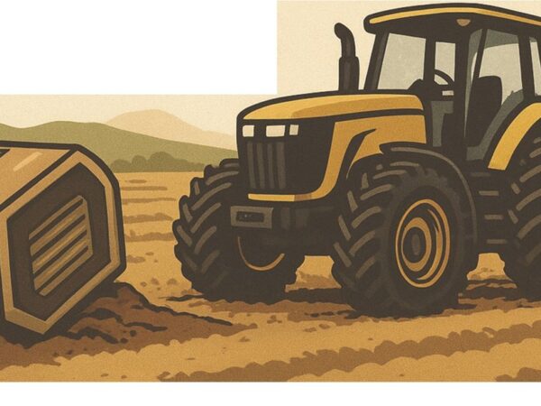 The Future of Agriculture Parts Supply 2025-2035 Illustration of a tractor pulling a disc harrow across a plowed field beside a large crate of equipment parts