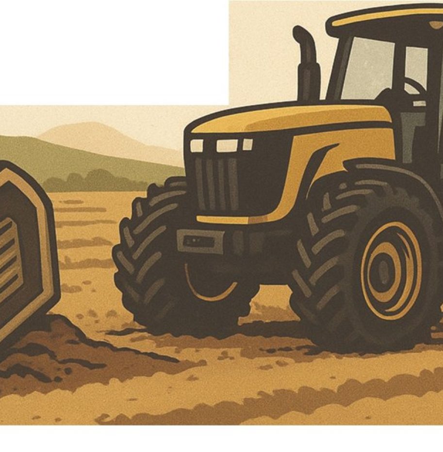 Illustration of a tractor pulling a disc harrow across a plowed field beside a large crate of equipment parts
