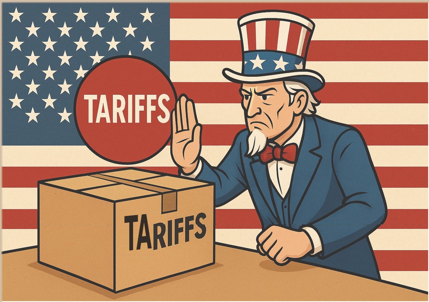 Illustration of Uncle Sam holding up his hand to stop a shipping box labeled Tariffs in front of an American flag