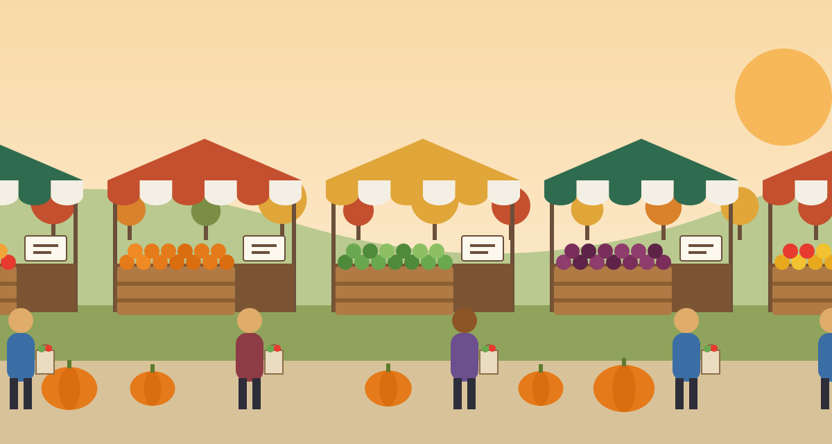 Illustration of a row of farmers market stalls with colorful awnings, fresh produce, shoppers and pumpkins under an autumn sun