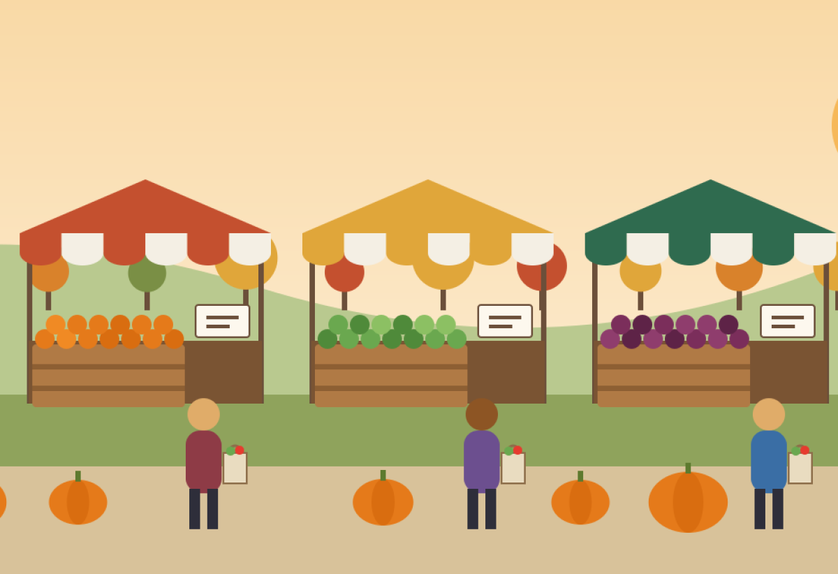Illustration of a row of farmers market stalls with colorful awnings, fresh produce, shoppers and pumpkins under an autumn sun