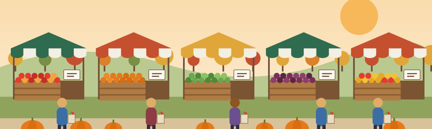 Illustration of a row of farmers market stalls with colorful awnings, fresh produce, shoppers and pumpkins under an autumn sun