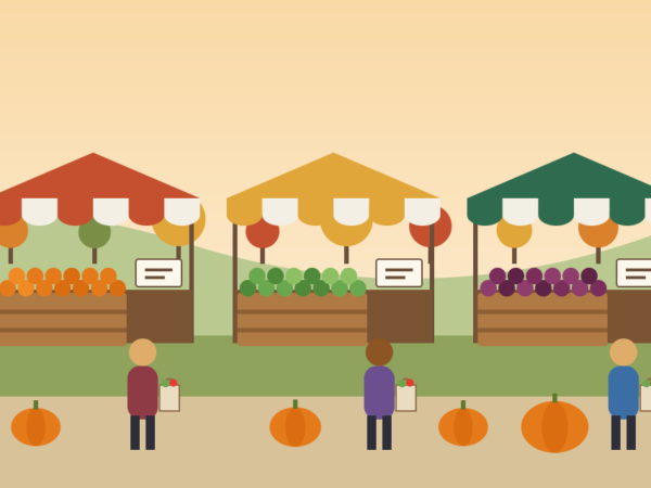 Fall Farmers Market 2026 Illustration of a row of farmers market stalls with colorful awnings, fresh produce, shoppers and pumpkins under an autumn sun