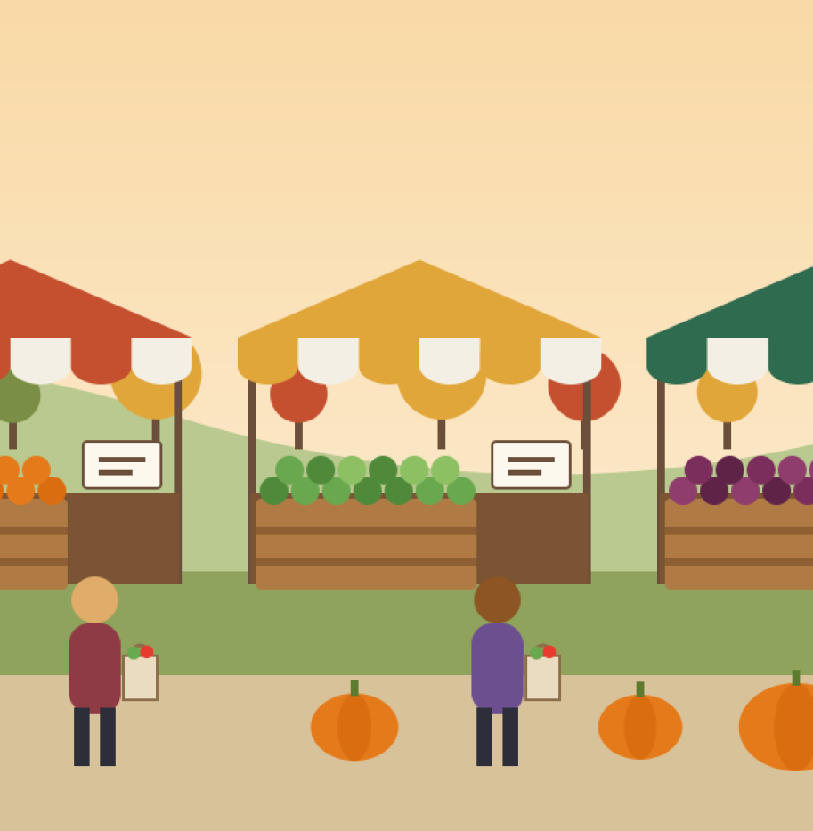Illustration of a row of farmers market stalls with colorful awnings, fresh produce, shoppers and pumpkins under an autumn sun