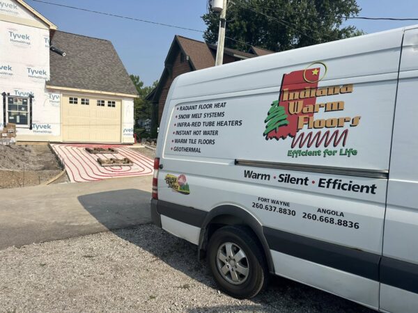 Radiant Garage Slab Indiana Warm Floors Van Indiana Warm Floors service van beside a new garage slab with radiant heating tubing installed