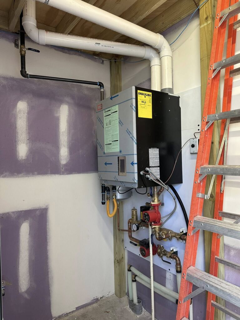 High-efficiency wall-hung boiler with circulator pumps and hydronic piping