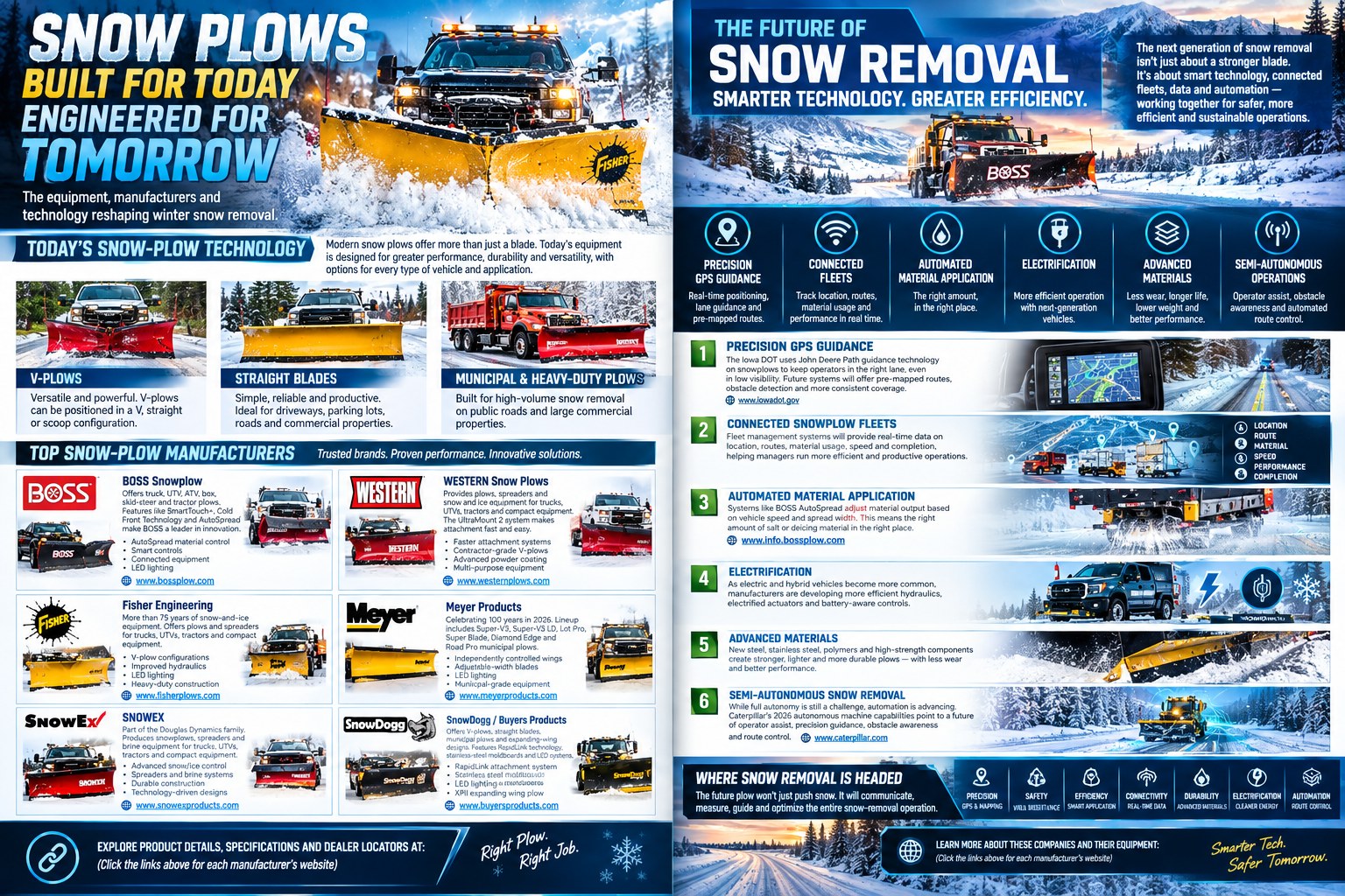 Infographic of 2026 snow plows: V-plows, straight blades and municipal plows, top manufacturers BOSS, Western, Fisher, Meyer, SnowEx and SnowDogg, and the future of snow removal technology