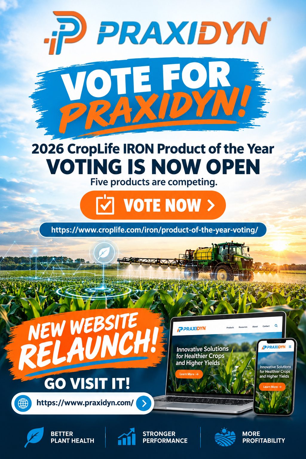 Vote for Praxidyn — 2026 CropLife IRON Product of the Year voting is now open. Click to vote at croplife.com. New Praxidyn website relaunch.