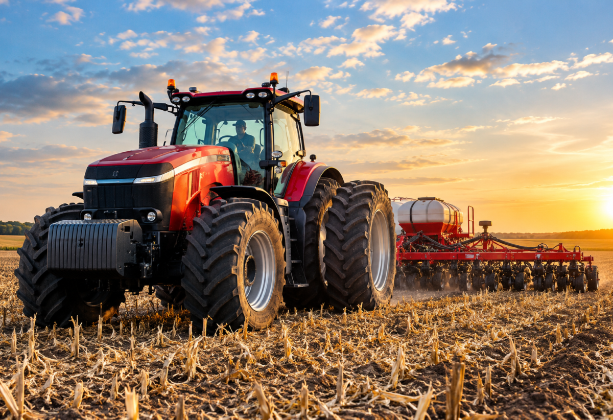Red tractor pulling a planter through a field at sunset