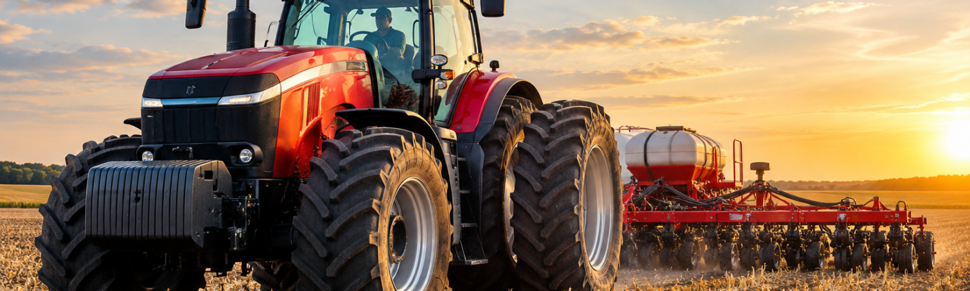 Red tractor pulling a planter through a field at sunset